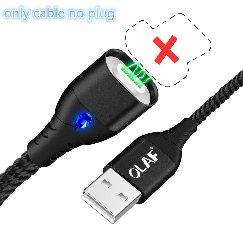 Black Cable No Plug Магнитный кабель OLAF, usb type C, супер быстрая зарядка, USB C, светодиодный, магнитное зарядное устройство для samsung S8 S9, huawei mate 20 Lite, кабели - Цвет: Black Cable No Plug