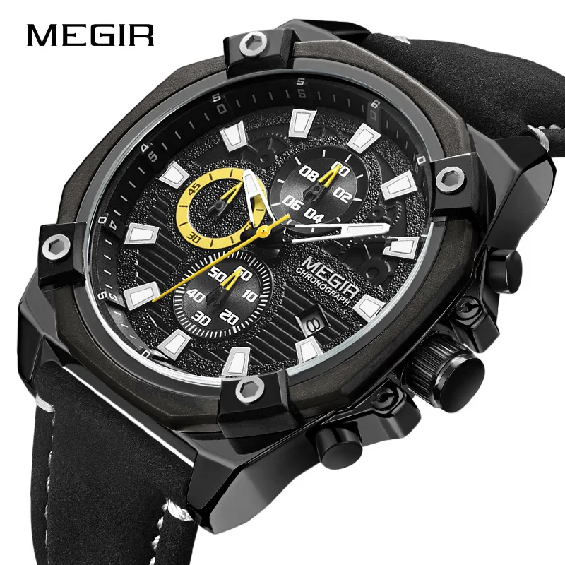 AllBlack MEGIR Мужская Мода кожаный ремешок кварцевые наручные часы Повседневное спортивные часы Для мужчин Роскошные Водонепроницаемый аналоговые часы Relógio Masculino - Цвет: AllBlack