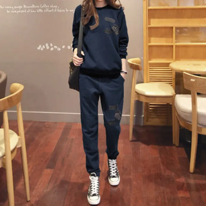 Navy Blue Spring S-6XL, женская спортивная одежда, спортивные костюмы, весна, осень, зима, повседневные, плюс бархат, Толстая Толстовка+ штаны, комплекты для женщин размера плюс - Цвет: Navy Blue Spring
