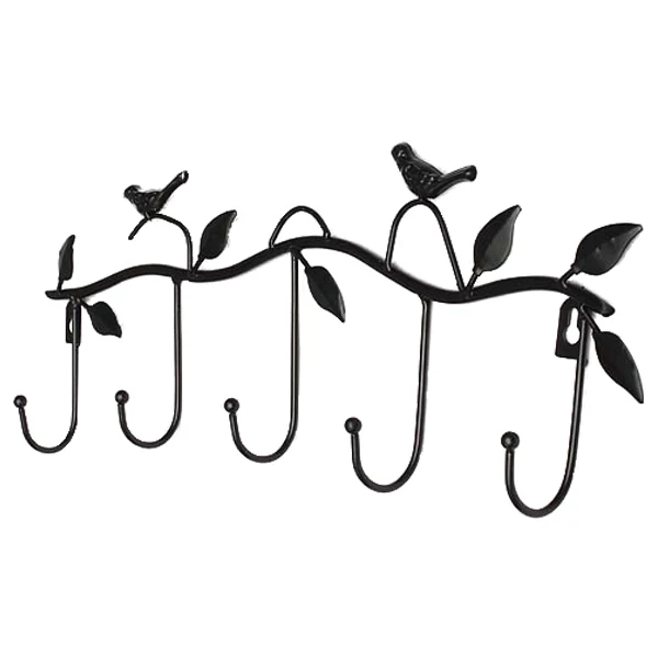 

Iron Birds Leaves Hat/Towel/Coat Wall Decor Clothes Hangers Racks With 5 Hooks Black