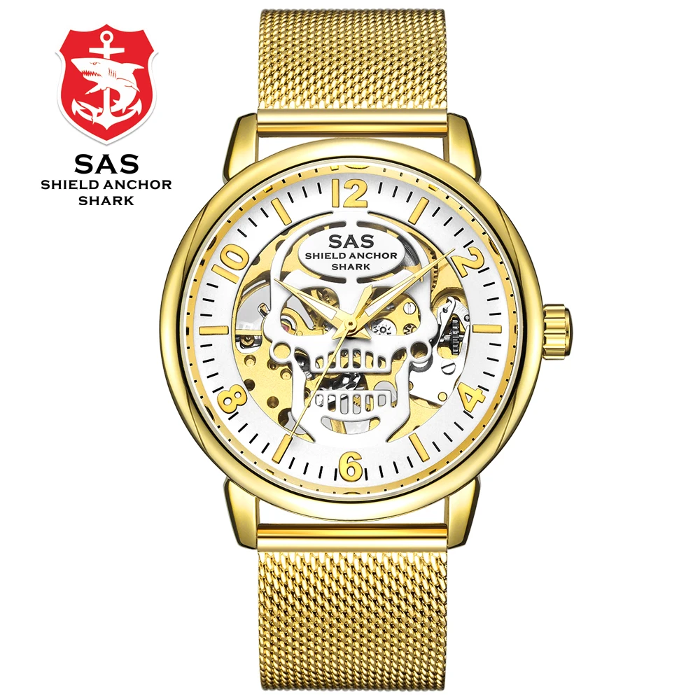 Мужские механические часы SAS светящиеся стрелы сетчатый ремешок со скелетом