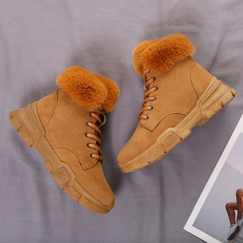 Women Boots Fashion Winter Breathable Flock Leather Flats Platform Martin Warm Fur Ankle | Обувь