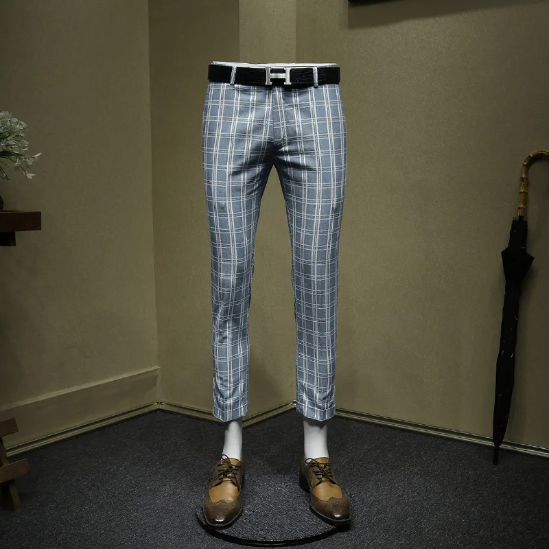 Мужские брюки 25% хлопок 10% лен синий плед укороченные брюки slim fit Мужской Костюм Уличная летняя новое поступление Свадебный Жених