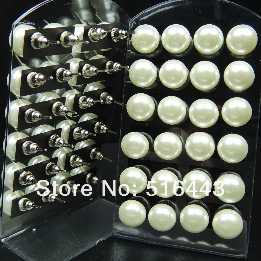 A-548 96pcs Round Silver White Glass Pearl Stainless steel Women Stud Earrings Wholesale Fashion Jewelry Lots include the pad | Украшения и