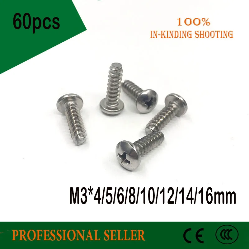 

60PCS M3*4/5/6/8/10/12/14/16mm 304 Stainless Steel Round Pan Head Flat Tail Self-tapping Phillipps Screw Bolt