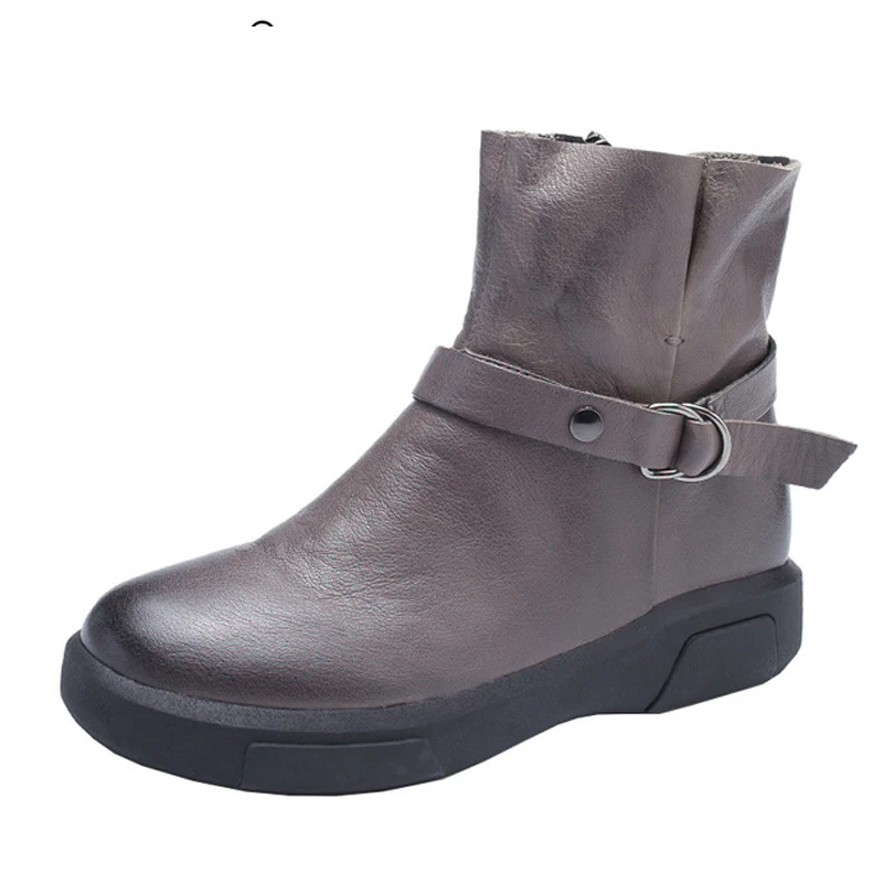 Ankle Zipper Snow Riding Equestrian Solid Flat Boots Genuine Natural Cow Leather Woman Handmade Rubber Out Sole Female Shoes | Обувь