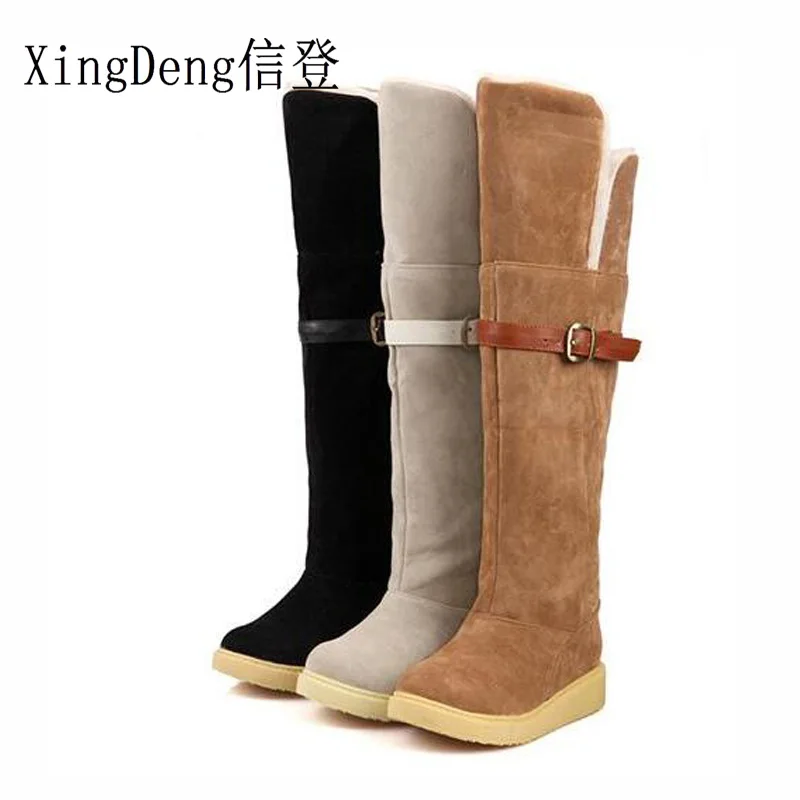XingDeng/теплые зимние женские сапоги из замши и флока Большие размеры 37 40 Сапоги
