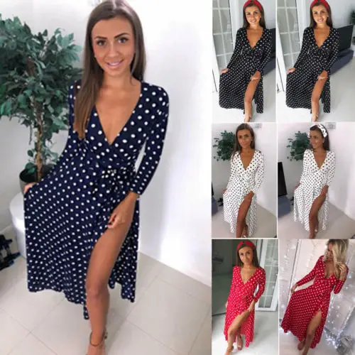 Women Dresses Holiday Long Sleeve Ladies Maxi Polka Dot Printed Split Slit Beach Dress Size S-XL Clothes | Женская одежда