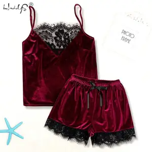 Пикантный бархатный пижамный комплект с шортами, летняя женская кружевная одежда для сна, пижама без рукавов на бретелях-спагетти, Повседневная Ночная одежда, пижамные комплекты