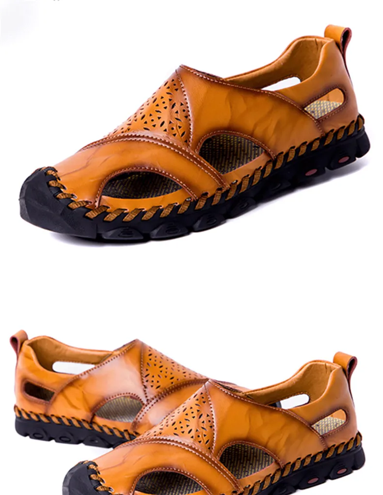 New Summer Sandals Mens Breathable High Quality Genuine Leather Sandals Man Flats Plus Size Fashion Casual Beach Men's shoes