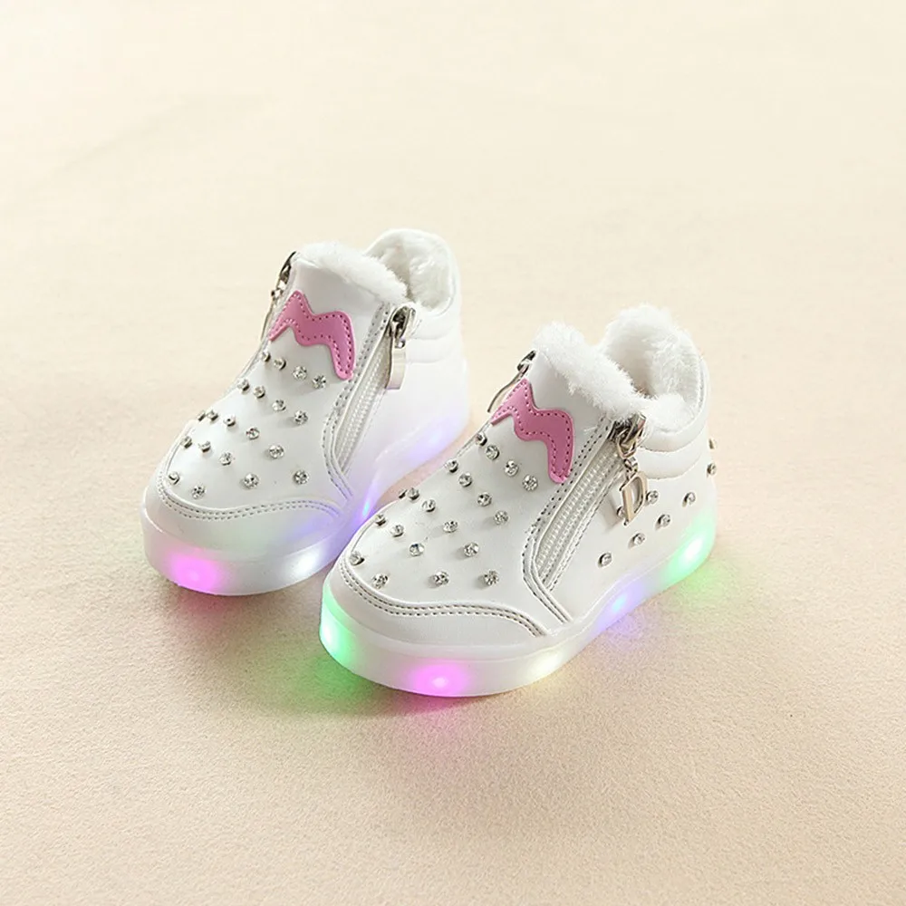 Children Baby Girls Zip Crystal Led Light Luminous Running Sport Sneaker Shoes | Детская одежда и обувь