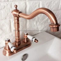 antique red copper double handle double holes bathroom basin faucet brass vessel sink water tap mixer brg045