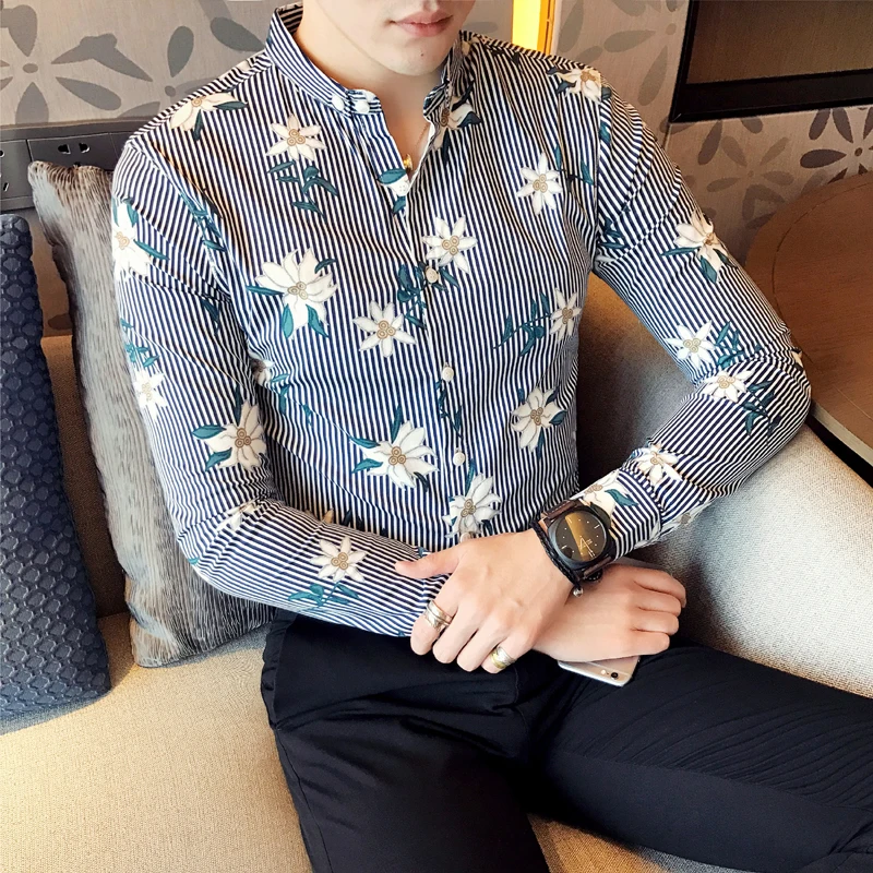 Осень 2017 г. мужчин розовый/Блюз полосой цветы Рубашки корейский стиль социальных