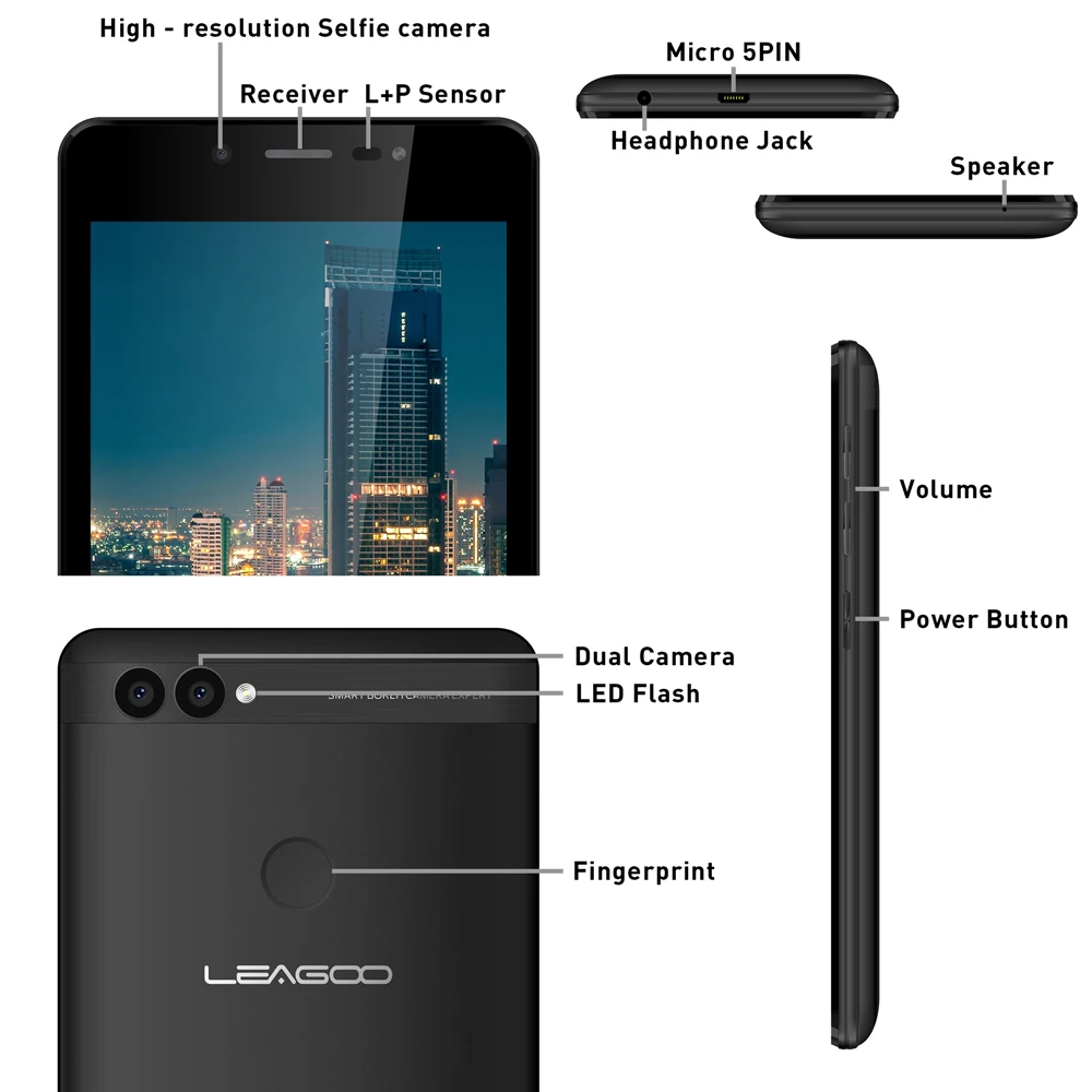 LEAGOO POWER 2 смартфон с функцией распознавания отпечатков пальцев 2 ГБ+ 16 Гб Двойная камера 3200 мАч Android 8,1 MT6580A четырехъядерный мобильный телефон 5," HD