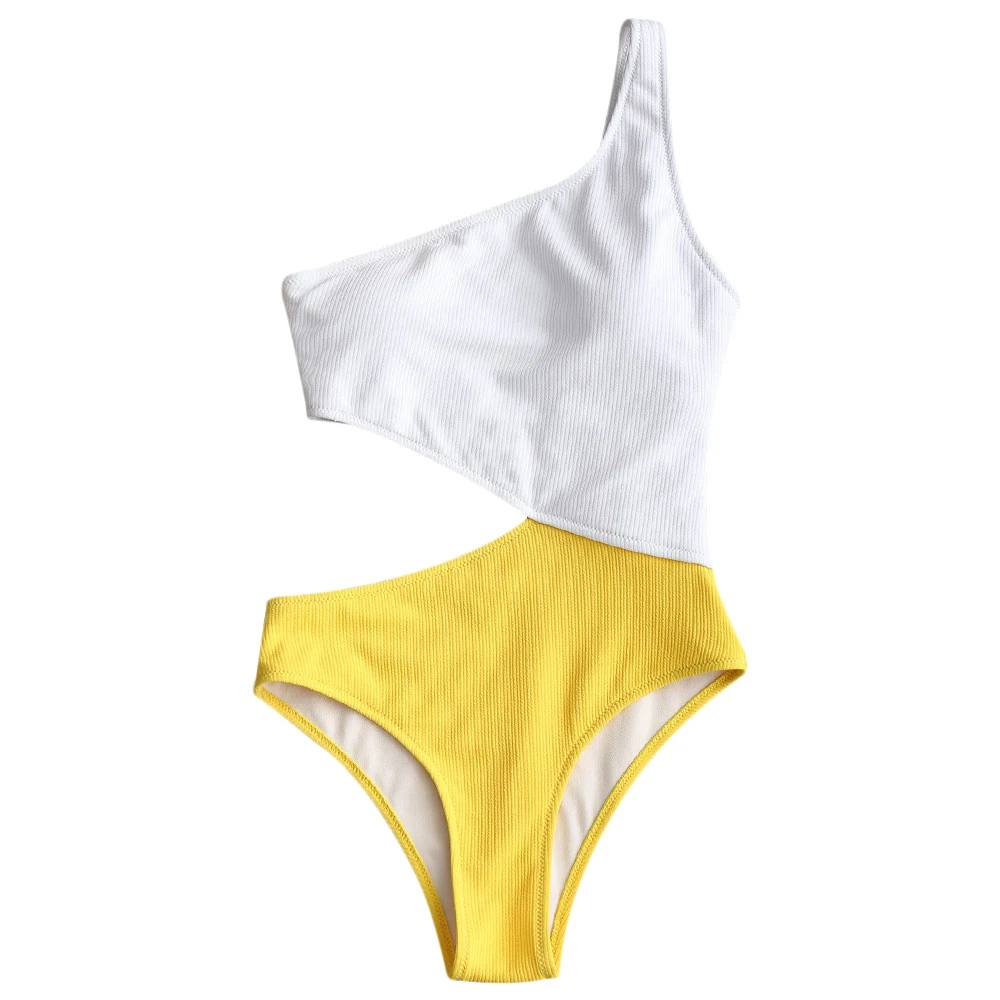 Купальник ребристые двухцветные купальник на одно плечо женские цельные костюмы