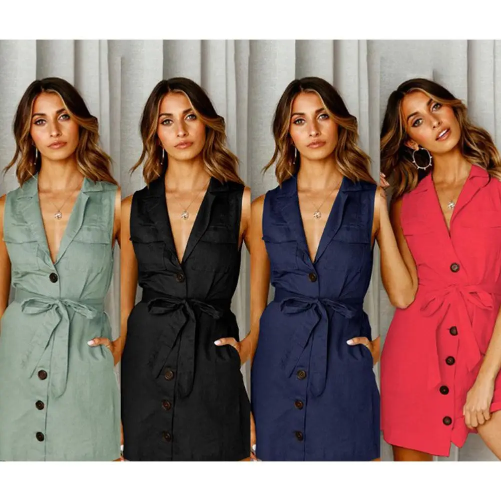 2019 New Yfashion Sexy Plunge V Neck Sleeveless Button Mini Dress with Belt | Женская одежда