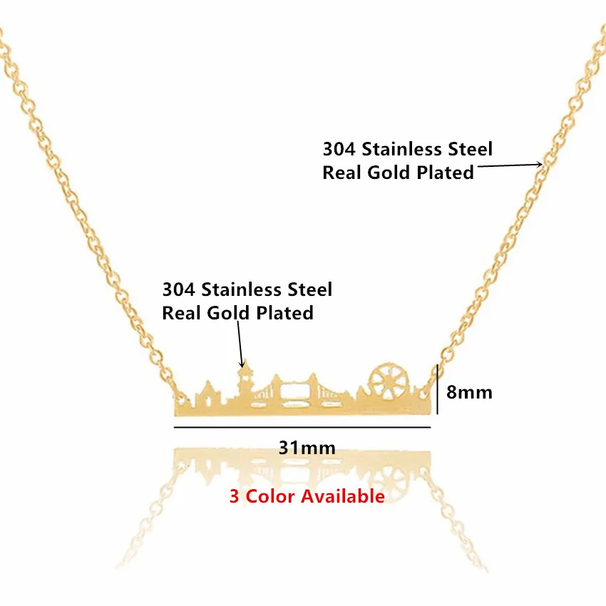 Vintage Sherlock Pendant London Skyline Necklace Stainless Steel Layer Link Chain Gold Color UK City State Ethnic Jewelry