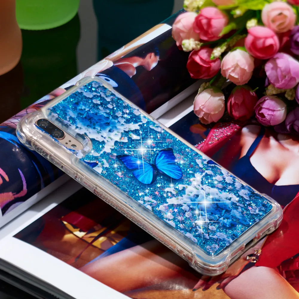 Жидкий чехол для телефона с сердечками Huawei P20 Pro Lite Nova 3e P Smart Quicksan блестящий