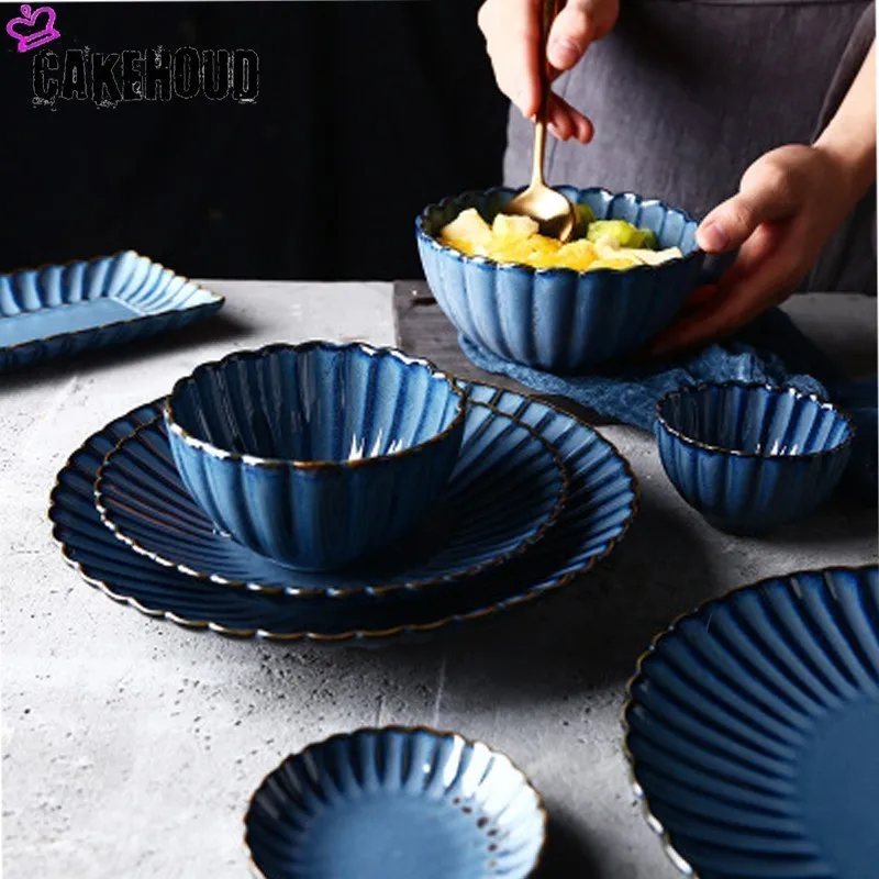 

CAKEHOUD New Nordic Vintage Style Hotel Restaurant Plate Family Kitchen Ceramic Salad Dessert Plate Fruit Cake Tray Cutlery Set