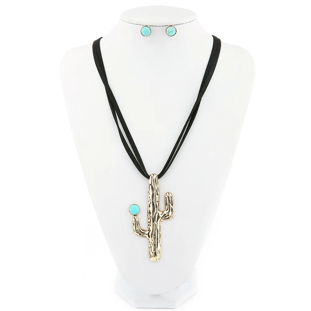 Кактус Кулон ожерелье для свитера женщин в богемном стиле с голубым камнем