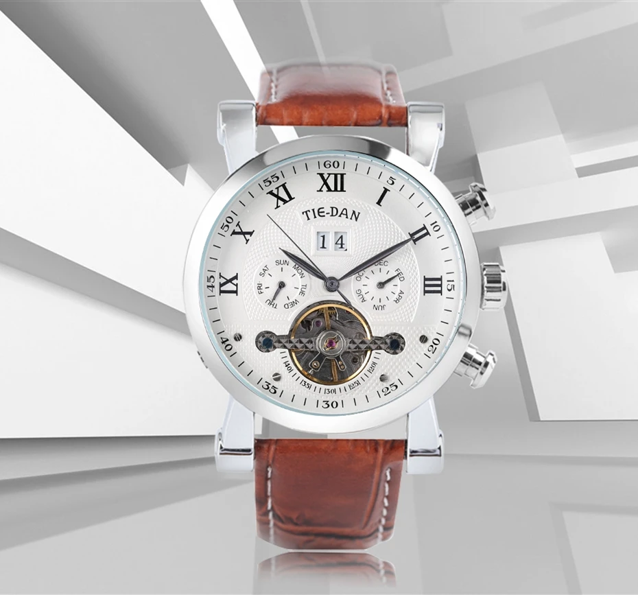 TIEDAN, мужские часы, роскошные, топ Tourbillon, механические часы, мужские, военные, бизнес, с автоматическим заводом, наручные часы из натуральной кожи