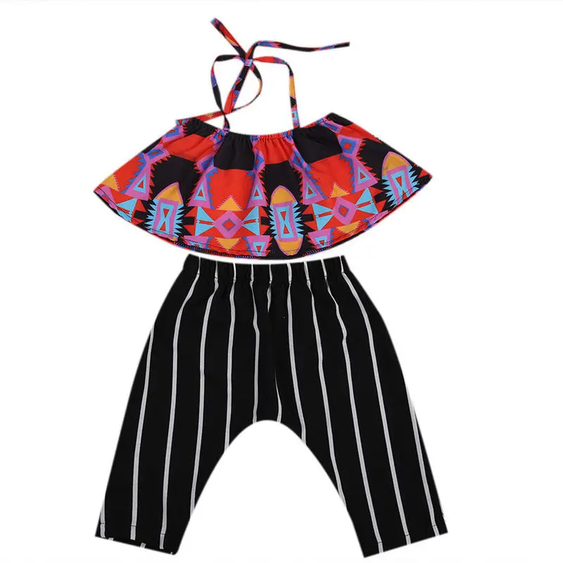 Новая мода для малышей Одежда детей девочек комплект одежды ремень печати Майки +