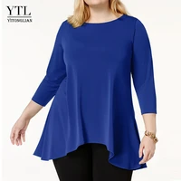 women elegant solid simple style top spring summer 34 sleeve asymmetrical hem long office lady casual blouse plus size h199
