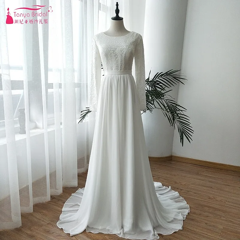

Lace Long Sleeve Wedding Dresses 2019 Chiffon Belt Sweep Train Bridal Gowns Later summer Muslim Wedding Dress Real Simple ZW099