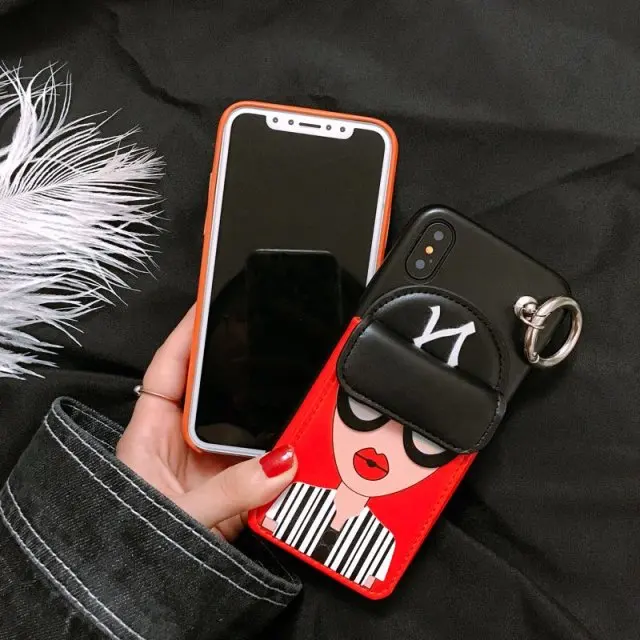 Fashion Sexy girl Black N Cap card pocket for iPhone 6 7 8 X XS phone case sunglasses cool lady finger ring 6S back cover |