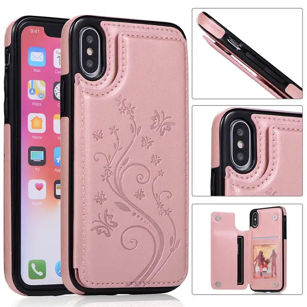 Чехол s для iphone X XS MAX XR кошелек чехол с держателем карты тисненый цветок Премиум из искусственной кожи чехол для iphone 8 7 6 6S plus чехол - Цвет: rose gold
