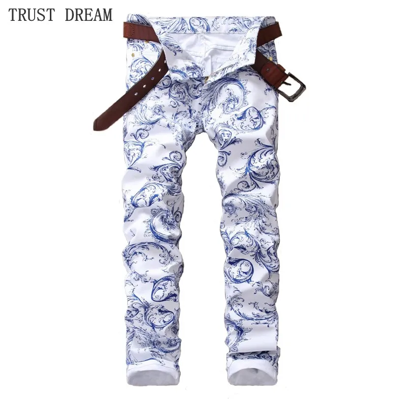 Джинсы мужские с цветочным принтом модные облегающие штаны из денима уличная