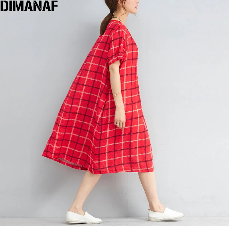 DIMANAF плюс размер 2018 летнее Женское Платье льняное клетчатое vestidos красное