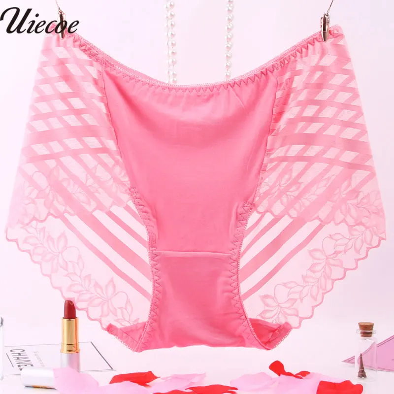Pink UIECOE размера плюс 4XL, нижнее белье, трусы, женское нижнее белье, трусы-шорты, сексуальное кружевное бесшовное, прозрачное, со средней посадкой, женские трусики - Цвет: Pink
