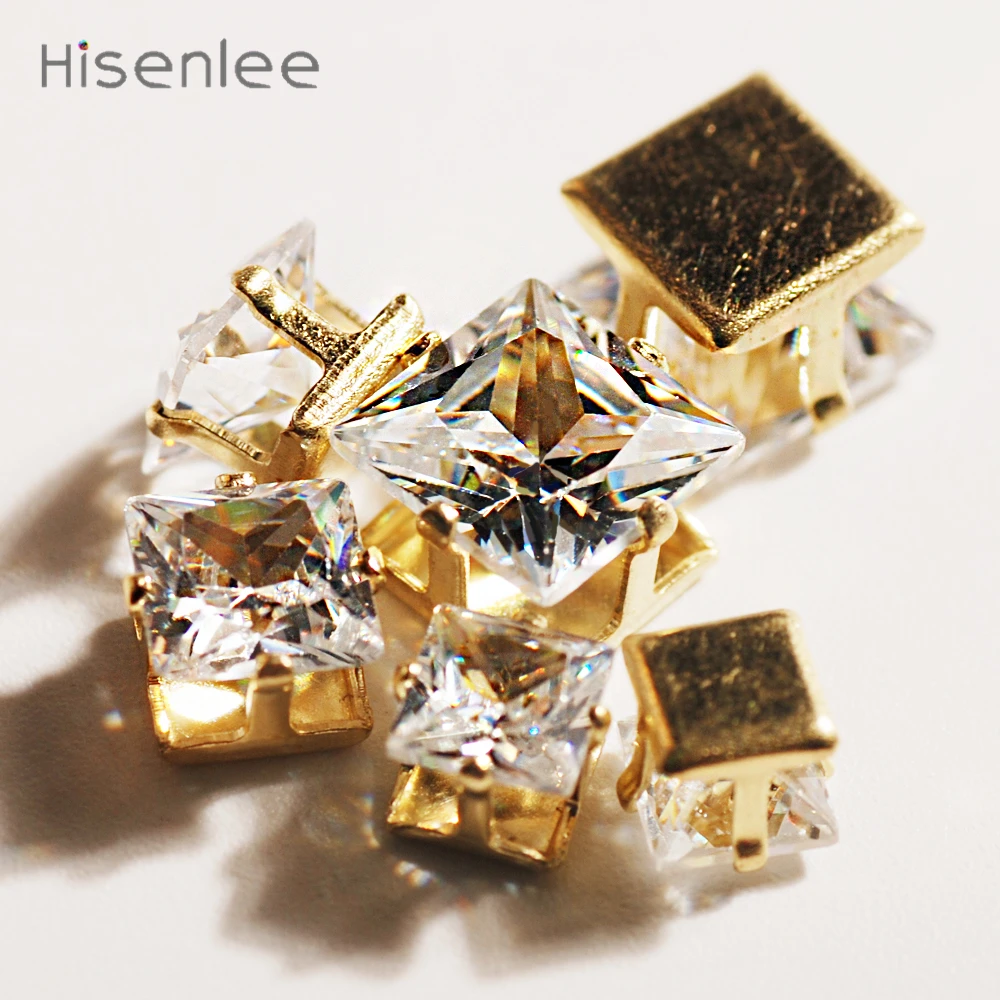 Hisenlee 5/6/8 мм золотой сингл коготь квадратный-shape форме, благодаря чему создается ощущение невесомости с ААА изысканный фианит Блестящий Драгоценный Камень Высокое качество ювелирные изделия Аксессуары для DIY
