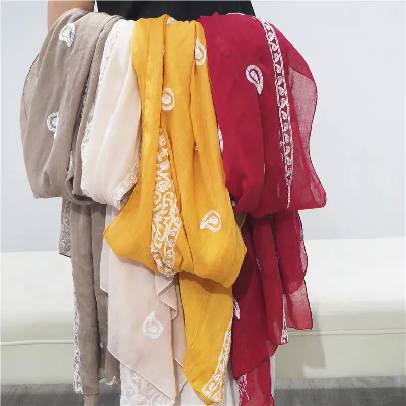 

2021 Plain Embroider Cashew Floral Scarf Women Fashion Long Viscose Scarves Lady Stitch Shawls and Wraps Muslim Hijab Foulards