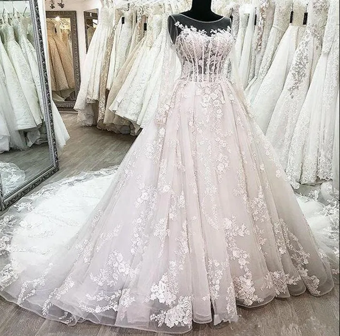 Новые элегантные кружевные свадебные платья с длинным рукавом воротник Sheer Jewel