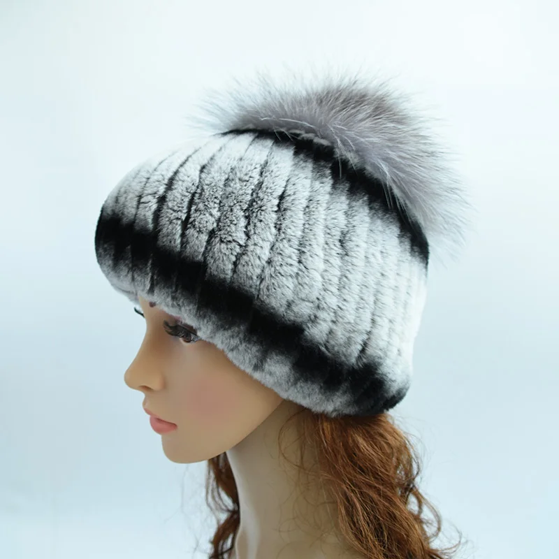 Real fur caps winter women rex rabbit hat with fox flowers skullies knitted beanies | Аксессуары для одежды