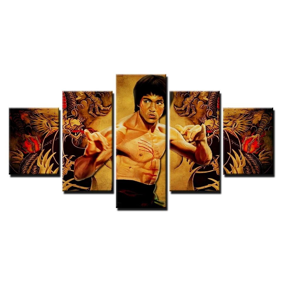Modern Canvas HD Printed Home Decor 5 Panel Kung Fu Superstar Bruce Lee Poster Framework For Room Wall Art Painting Pictures | Дом и сад