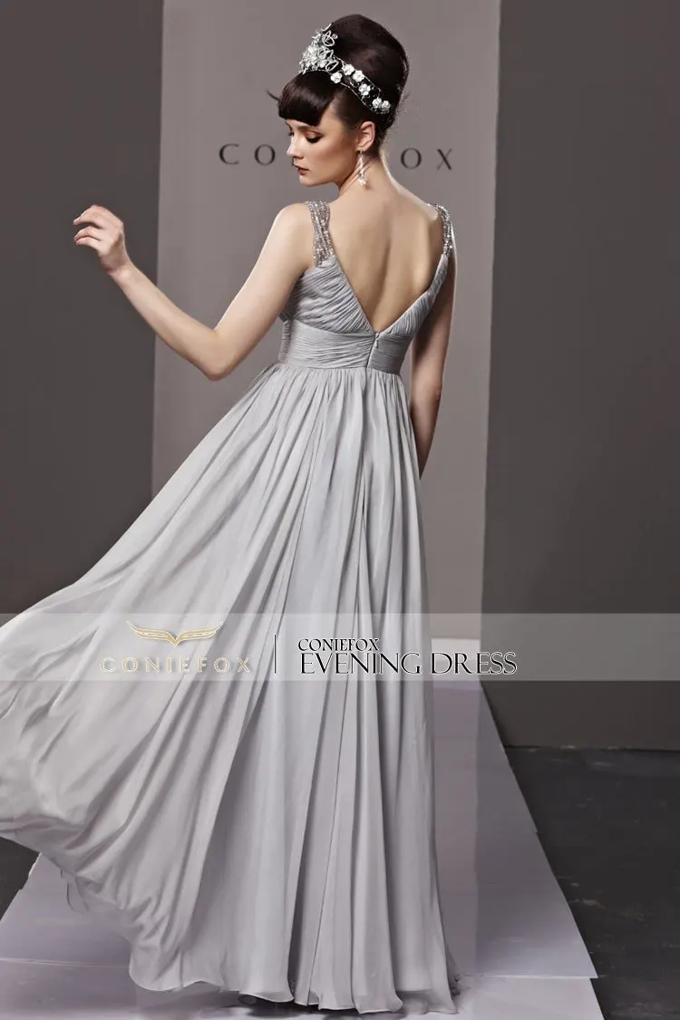Kingfox V-Neck Silver Empire Elegant Princess Evening Dress 81195 | Свадьбы и торжества
