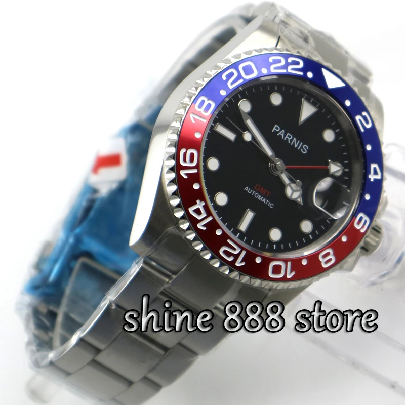 Парниш 40 мм черный циферблат красный и синий ободок GMT сапфировое стекло