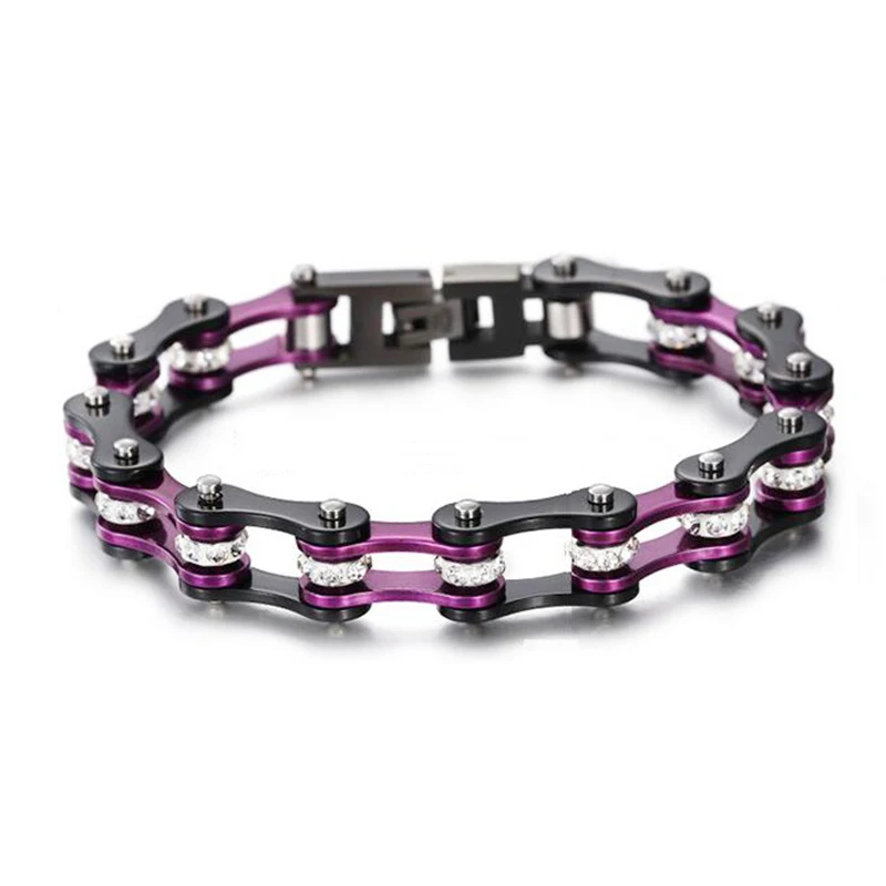 Black Purple Панк розовый велосипедный браслет для велосипедной цепи для женщин мужчин из нержавеющей стали 316L Женский Кристалл мотоциклетная Байкерская цепь браслеты ювелирные изделия - Окраска металла: Black Purple