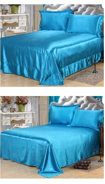 silk bedspread 4 шт. Aqua Blue шелковые простыни комплект постельного белья из сатина плоская простыня-покрывало белье califoria King queen размер полный двойной 20 цветов - Цвет: silk bedspread