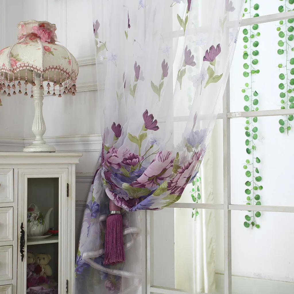 2pcs Peony Flower Print Curtain Tulle Window Treatment Drape Valance Simple Curtain Wear Rod Model 100x200cm L703