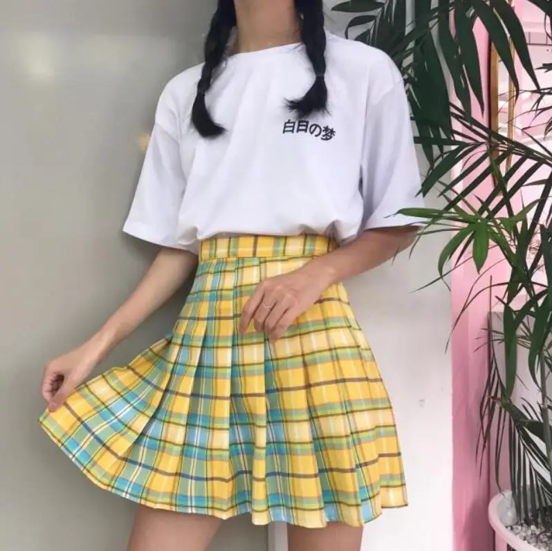Новинка! Радужная клетчатая юбка женская Kawaii Harajuku мини плиссированная Корейская