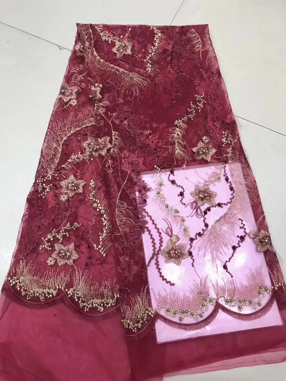 

5yards /lot Red Heavy Handmade Beaded African French Lace Fabric on Tulle Embroidery Bridal Wedding Dress Lace Fabrics Wedding