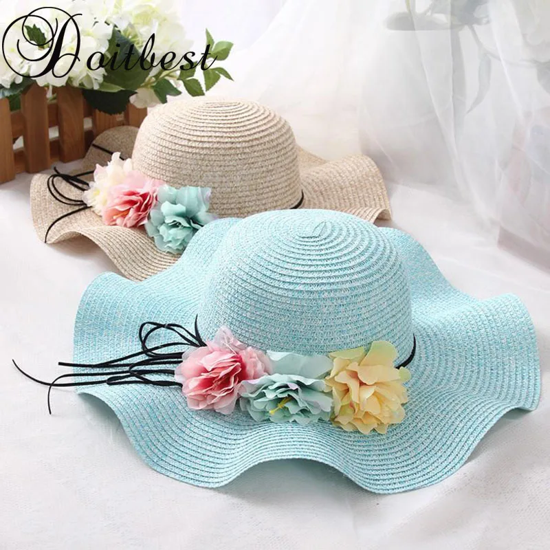 Doitbest Retail 5 colors Summer Children flower Simple Wavy large brimmed straw hat boys girls Beach Hats Parent-child sun hat girls flower decorated straw hat