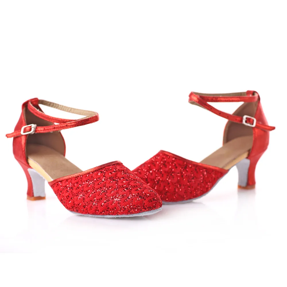 Женские туфли для латиноамериканских танцев красные черные на высоком каблуке 5