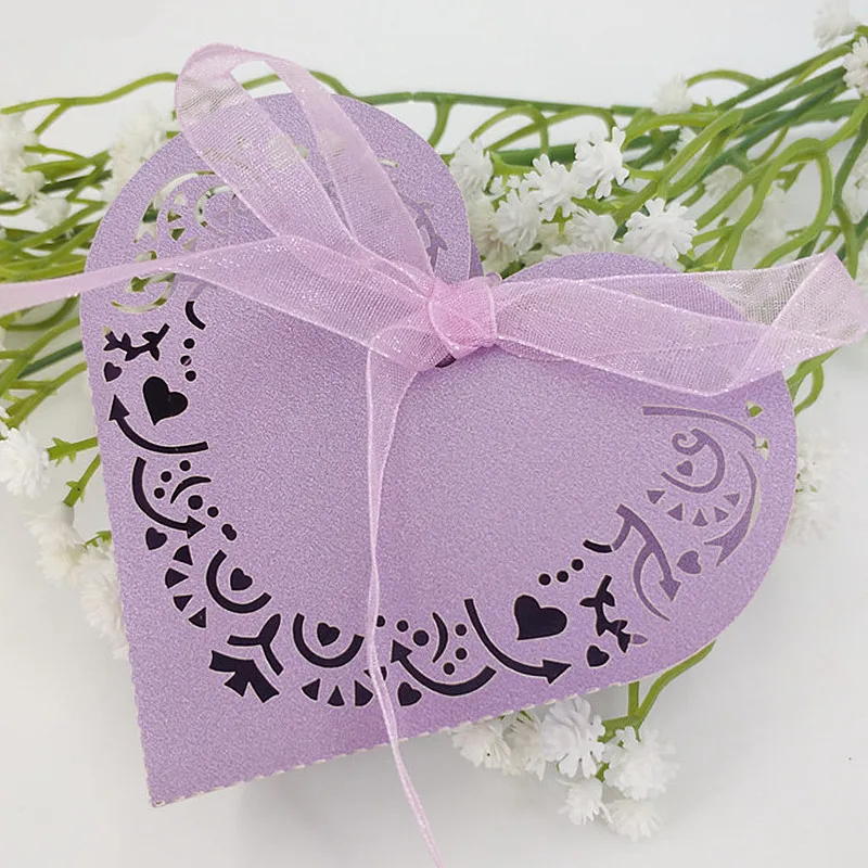 Light Purple 10/50 шт в форме сердца, для конфет коробки Лазерная резка коробочки для драже сувениры подарок коробка сладостей с резиновый детский душ свадебные принадлежности 5z - Цвет: Light Purple