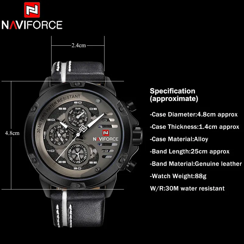 NAVIFORCE китайский бренд Мужские часы Роскошные Спортивные кварцевые часы Прямоугольные циферблаты 30 м водонепроницаемый Авто Дата красный кожаный ремешок