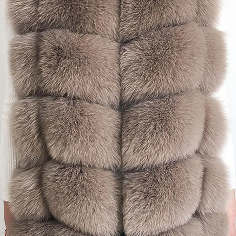 Light khaki Пальто из настоящего меха, женская теплая и стильная куртка из натурального Лисьего меха, жилет с воротником-стойкой и длинным рукавом, кожаное пальто, пальто из натурального меха - Цвет: Light khaki